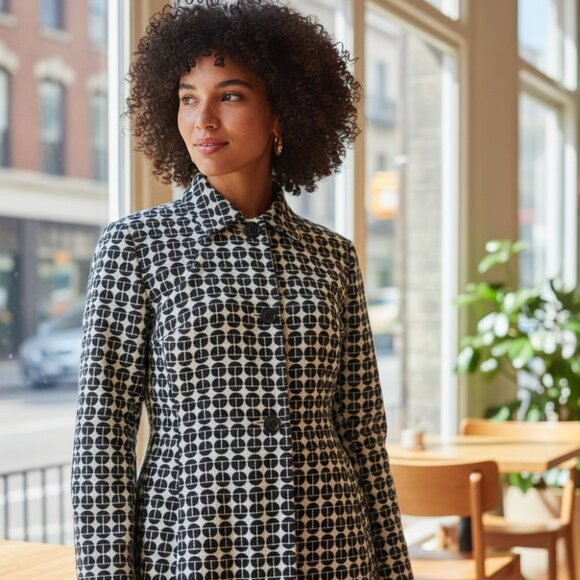 NINE WEST Black White Topper Long Jacket XS Peacoat Driving Coat Retro Mod Vibe - Picture 1 of 16